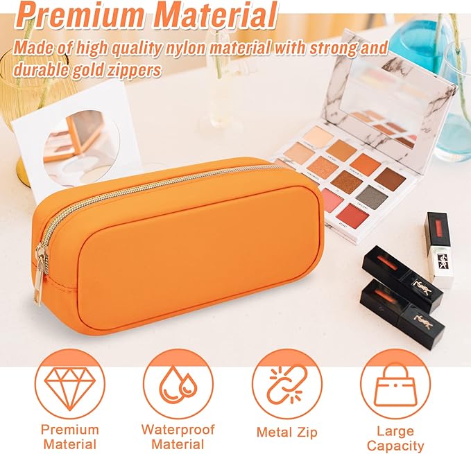Nylon Slim Cosmetic Zipper Pouch, Preppy Makeup Brush Bag Compact Makeup Pouch, Waterproof Zipper Purse Travel Coin Storage Bag for Women Girls Teens (Orange)
