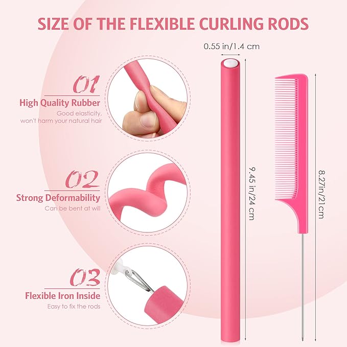 Syhood 30 Pcs Flexible Curling Rods 9.45 Twist Foam Rollers Soft Foam No Heat Hair Rods Rollers and 1 Steel Pintail Comb Rat Tail Comb for Women Long Short Hair(Pink,9.45 x 0.55 Inch)