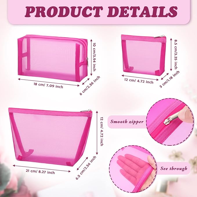 Boao 3 Piece Mesh Cosmetic Bag Mesh Makeup Bag with Zipper Pouch Travel Toiletry for Makeup Organizer Home Office Travel Accessories(Rose Red)