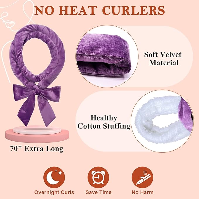 weiwei No Heat Curlers, Overnight Curls No Heat Curling Headband Soft Hair Curler Rollers to Sleep In, 70 Inches Non Heat Hair Wrap Curling Rod Ribbon for Women Long Wave Hair, 9 PCS Gift Set (Purple)