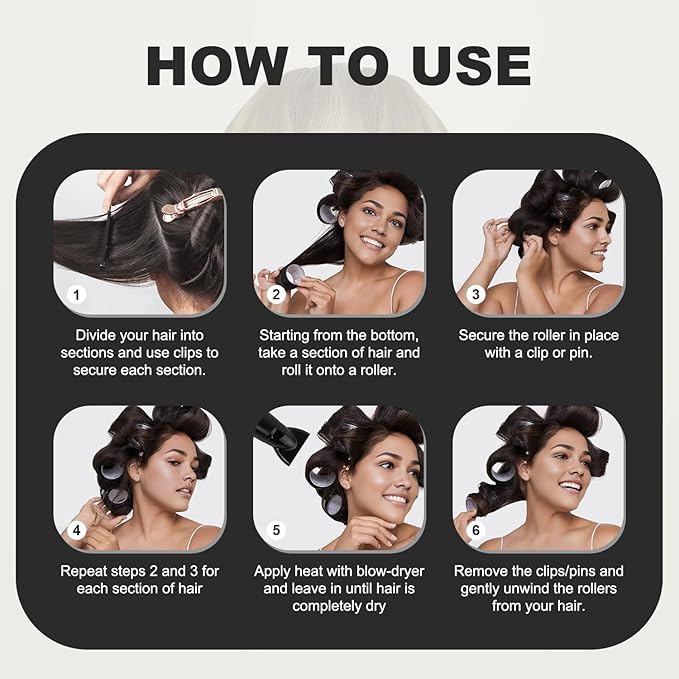 HYOUJIN 18 Pcs Thermal Hair Rollers,Self Grip Jumbo Thermal Curlers Set,Large Rollers for Women,Heatless Curlers for Blowout Volume and Curling Look for Long,Short Hair(Black,60 48,36mm)
