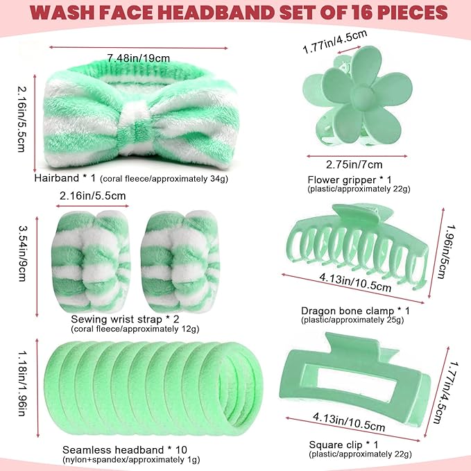 16 Pcs Skincare Headband Set, Face Washing Headband with Wristbands, Hair Claw Clips & Hair Ties, Spa Headbands for Women Girls, Perfect for Facial, Makeup, Shower, Gift Ready Box