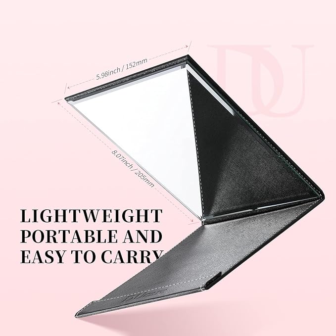 DUcare Folding Mirror Portable Travel PU Portable Adjustable Rectangular Ultrathin Vanity Mirror with Stand Black