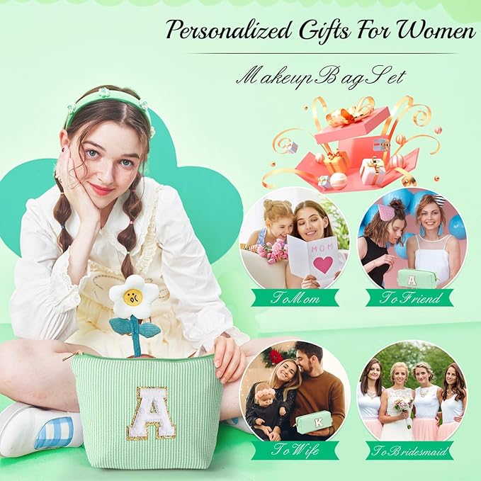 YOOLIFE Makeup Bag for Women - Monogram Cute Initial Makeup Bags Cosmetic Toiletry Pouch Make Up Case for Women Her Best Friend Friendship Sister Teacher, Personalized Birthday Gifts for Women P