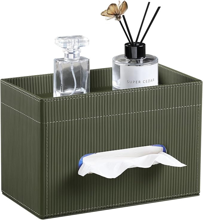 Rectangular Tissue Box Cover with Storage Tray, PU Leather Tissue Box Holder for Bathroom Vanity Countertop Night Stands Bedroom Office Desk, Stylish Tissue Holder Decorative Organizer (Green)