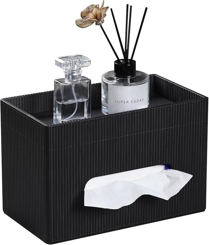 Tissue Box Cover Rectangle with Storage Tray, PU Leather Tissue Holder for Bathroom Vanity Countertop Night Stands Bedroom Office Desk, Stylish Rectangular Tissue Box Holder (Black)