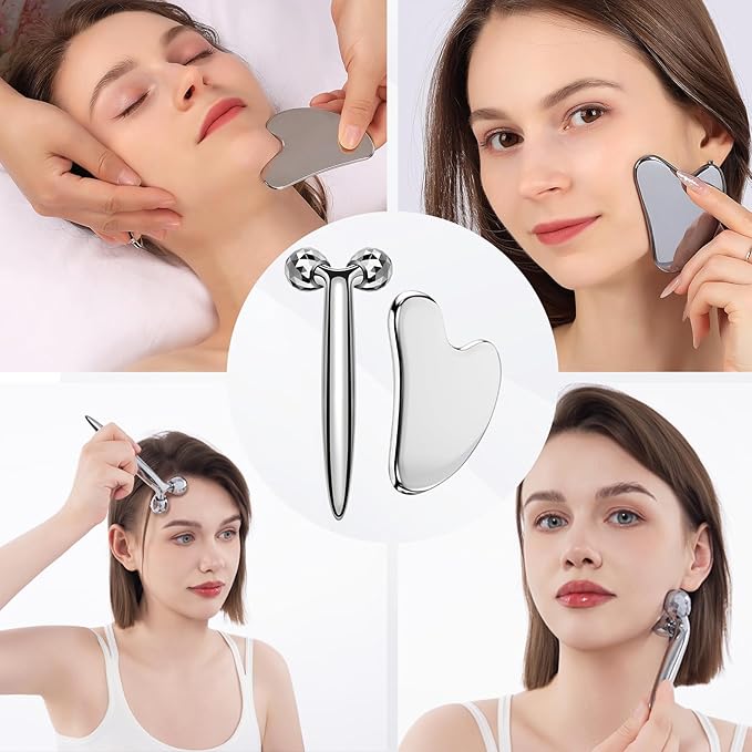 3D Gua Sha Facial Tools Metal Face Roller Stainless Steel Gua Sha Set Cooling Massage Tools for Reduce Puffiness, Firm Skin, Anti-Aging Care - Daily Facial Sculpting Gift for Women
