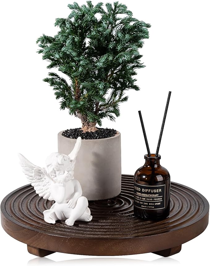 Round Decorative Tray Farmhouse Bathroom Decor Wood Riser Kitchen Countertop Organizer for Perfume, Candle, Plant, 10 inch Walnut