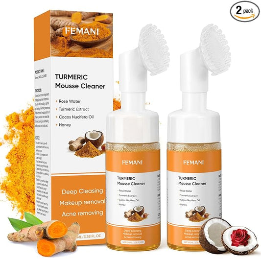 femani 2pcs Glow Wash Turmeric Face Wash With Brush, Deep Cleansing Exfoliating Foaming Facial Cleanser, Improve Skin Condition