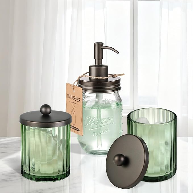 Amolliar Sage Green Glass Apothecary Jar With Metal Lid & Stickers, Bathroom Qtip Holder Dispenser for Cotton Swabs, Balls, Round Pads, Bath Salt, Floss, Countertop Canister Storage, Bronze 4 Pack