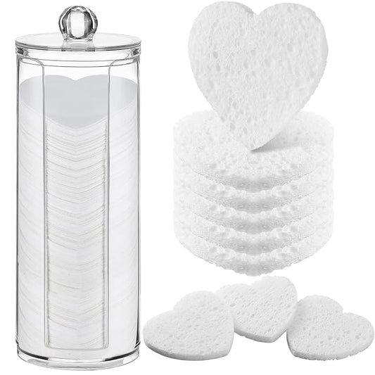 Sieral 120 Pcs Compressed Facial Sponges with Container Disposable Face Sponge Pads for Washing Face Cleansing Exfoliating Esthetician Makeup Removal(Heart,White)