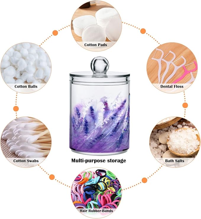 4 Pack Qtip Holder Dispenser Lavender Butterfly Purple Bathroom Storage Canister Lid Acrylic Plastic Apothecary Jar Set Vanity Makeup Organizer for Cotton Swab/Ball/Pad/Floss