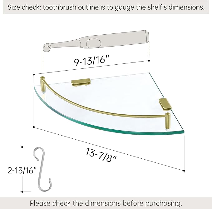 KES Glass Corner Shelf with Hooks 18/8 Stainless Steel, Tempered Glass Bathroom Corner Shelf with Rail, Shower Glass Shelf 2 Pack Wall Mounted, Brushed Gold, BGS2101A-BZ-P2
