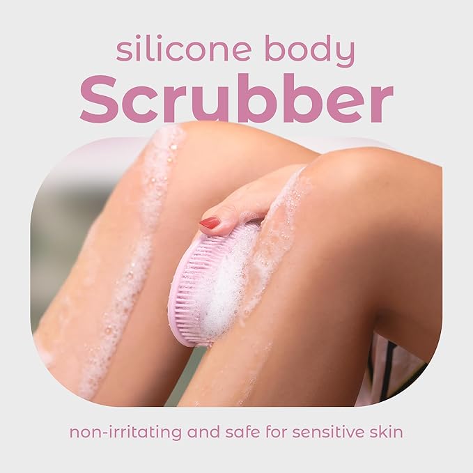 MainBasics Silicone Body Scrubber Dual-Sided Shower Loofah and Exfoliator (Pink, Exfoliate)