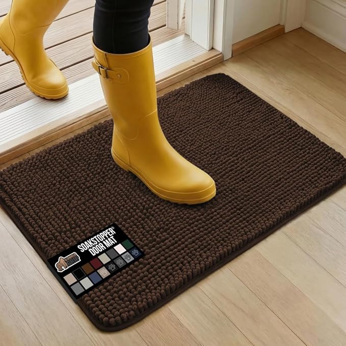 GORILLA GRIP SoakSTOPPER Dog Door Mat, Machine Washable Rug Absorbent Doormat Captures Moisture Mud Dirt, Quick Dry Soft Chenille Entryway Rugs Indoor Entrance Mats for Dog Paws, 24x17 Brown