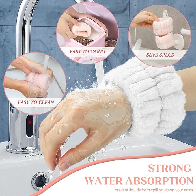 Microfiber Spa Wrist Towel Bands - Absorbent Face Washing Sweatbands for Girls to Prevent Water Spilling Down Arms, 6PCS