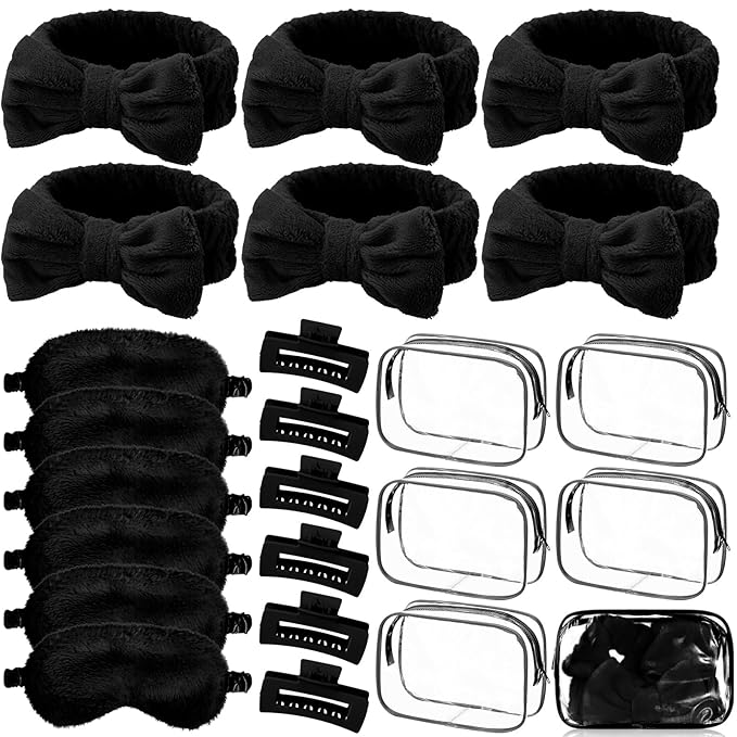 Hoteam 24 Pcs Galentine Spa Party Favors Supplies 6 Spa Headband 6 Plush Sleep Eye Mask 6 Hair Claw Clips 6 Clear Cosmetic Bags for Adult Sleepover Slumber Party Valentine Gift(Black)