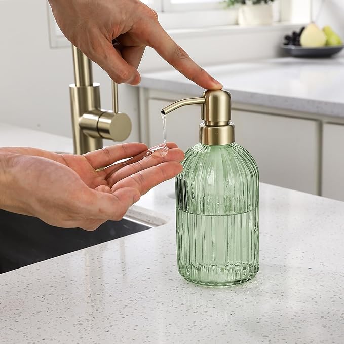 16Oz Green Glass Soap Dispenser with Rust Proof Stainless Steel Pump, Green Stripe Bathroom Hand Dish Lotion Dispensers with Brushed Gold Pump,Brushed Gold Glass Soap Dispenser,2 Packs