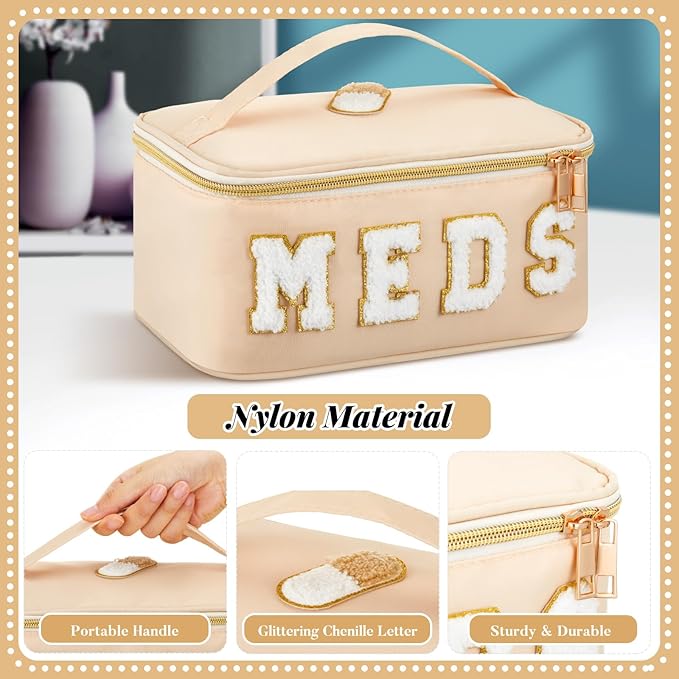 Geetery Clear Makeup Bag Chenille Letter Meds Bag Travel Cases Preppy Patch with Zipper, Portable Cosmetic Toiletry Storage case for Women(Meds,Cream)