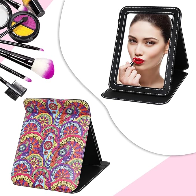 Large Foldable Travel Makeup Mirror, Adjustable Angle Portable Standing Vanity Mirror, Folding PU Leather Rectangular Rounded Corners Design for Desk Table Camping 9"x7"