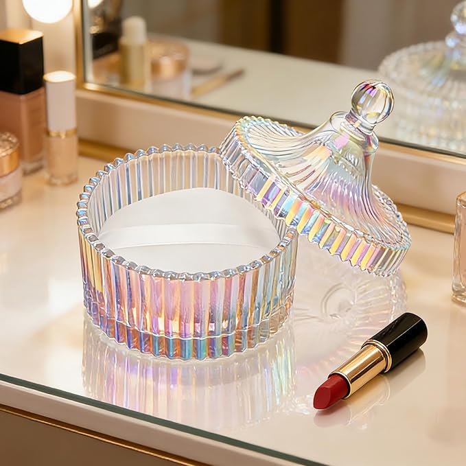 2 Piece Dusting Powder Container with Puff - Large Body Powder Puff and Container, Crystal Glass Powder Container with Puff Soft Velour Washable Reusable Face & Body Use (Dazzling)