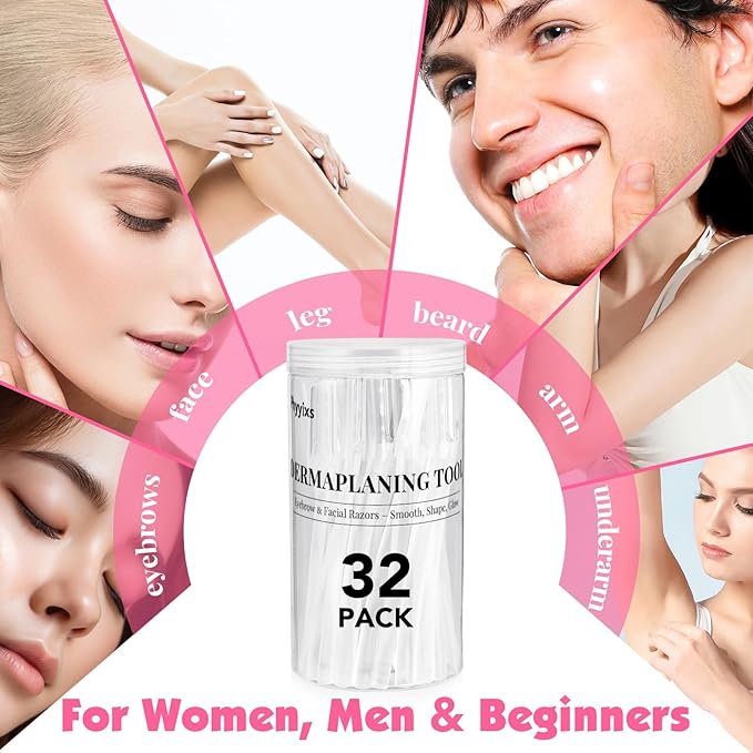 32-Pack Face Razors for Women – Dermaplane & Eyebrow Razor Set, 24 Long + 8 Short Precision Blades for Peach Fuzz Removal, Gentle Exfoliation, Ideal for Stocking Stuffers (Clear)