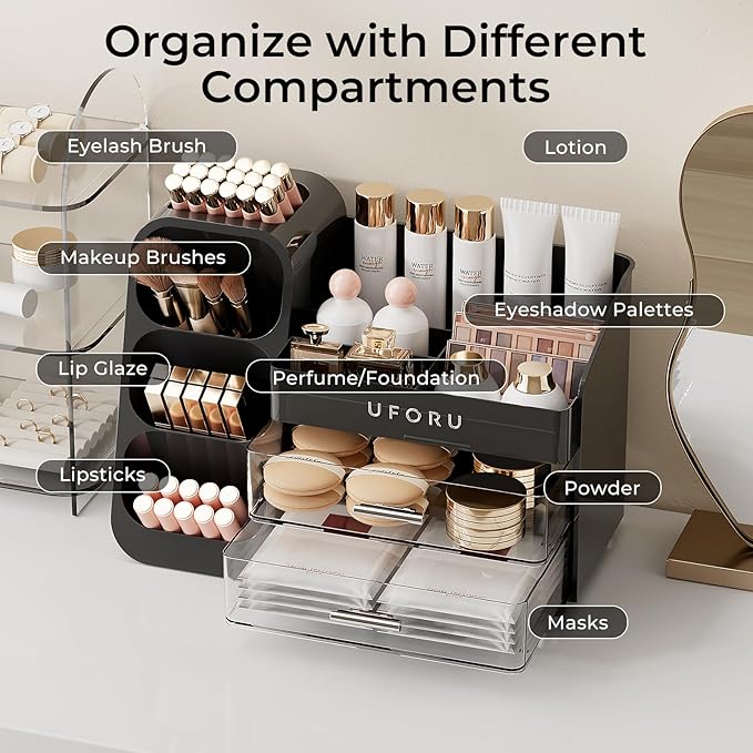 Makeup Organizer for Vanity with Brush Holder, Countertop Skincare Organizer with 2 Drawers, Spacious Cosmetic Display Case for Perfumes, Cologne, Shaving Lotion