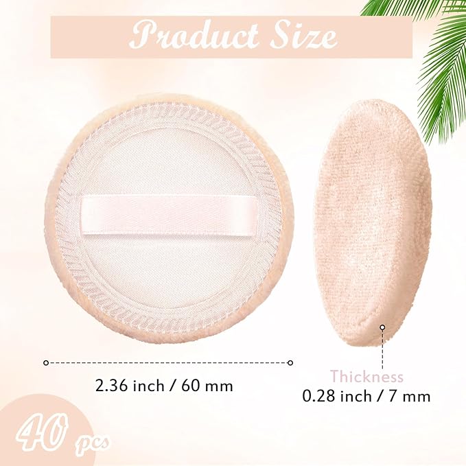 40 Pcs Cotton Powder Puffs Bulk Washable, 2.36 Inch Round Makeup Dusting Puff with Ribbon for Loose and Pressed Powder Face Body Cosmetic, Beige