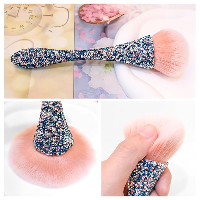 WOKOTO 1pcs Blue Shiny Rhinestone Nail Art Dust Brushes For Acrylic Nails Powder Remover Brushes Loose Face Cosmetics Blending Liquid Foundation Powder Make Up Brushes Nail Trimming Cleaning Tools