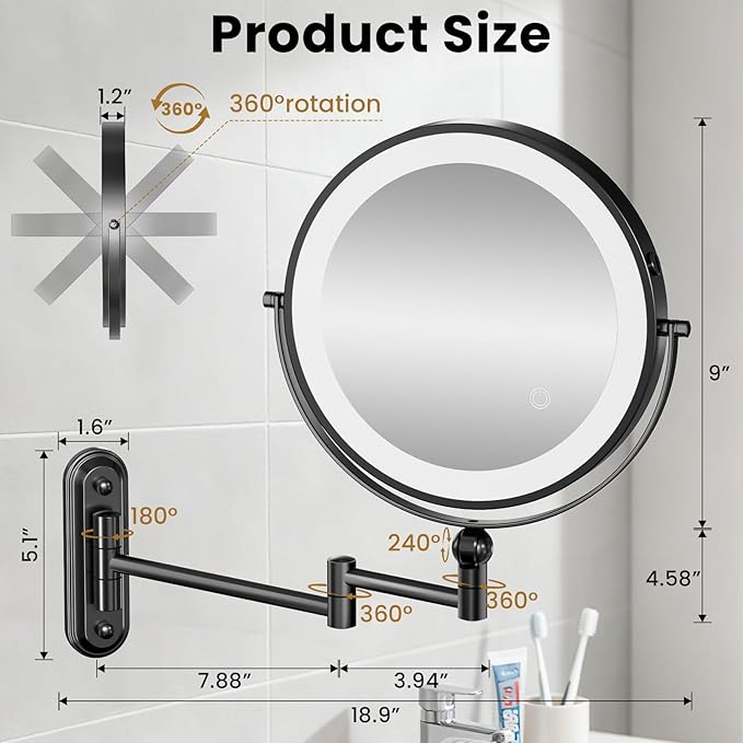 Rocollos Rechargeable Wall Mounted Lighted Makeup Mirror, 8 Inch Double-Sided LED Vanity Mirror 1X/10X Magnification,3 Color Lights Touch Screen Dimmable (Black-30X)
