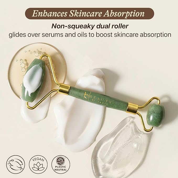 Beauty by Earth Jade Roller for Face - Smoothes Fine Lines & Wrinkles, Face Massager Skin Care Tools with Small Eye Roller for Puffy Eyes, De-Puffing & Firming Facial Tool, Self Care Gifts for Women