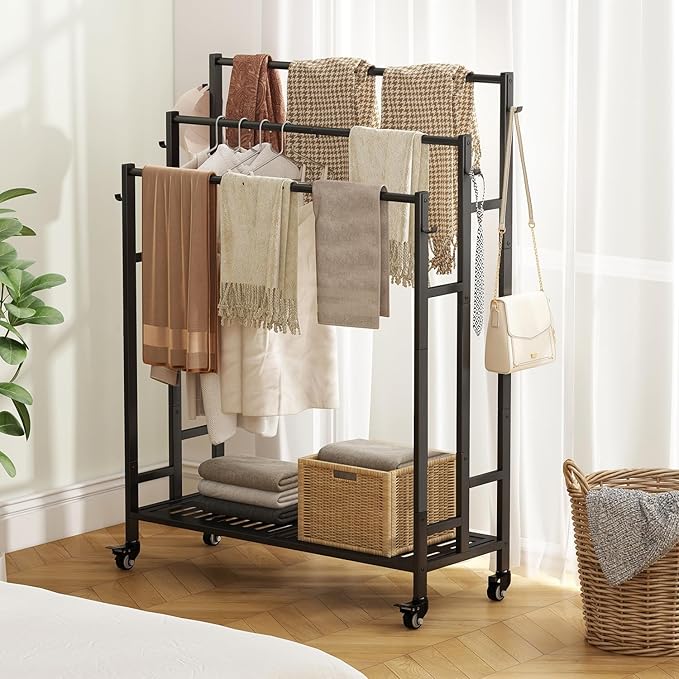 SORCEDAS Towel Rack 3 Tier Free Standing Metal Towel Stand with Storage Shelf and Wheel for Extra Large Towel Blanket Drying (Black)