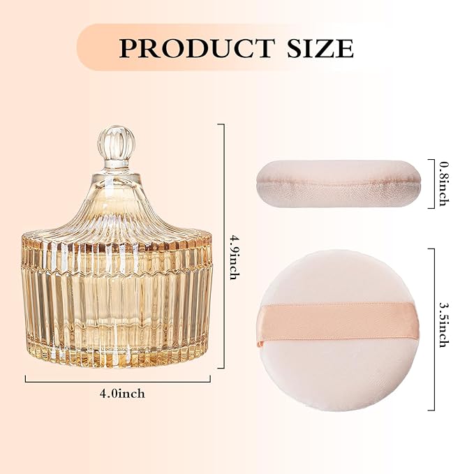 2 Piece Dusting Powder Container with Puff - Large Body Powder Puff and Container, Crystal Glass Powder Container with Puff Soft Velour Washable Reusable Face & Body Use (Amber)