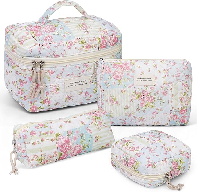 VIWIME Makeup Cosmetic Bag, Large Cotton Quilted Travel Coquette Aesthetic Cute Floral Make up Bag for Women Toiletry Bag Organizer (304-PinkPuzzle)