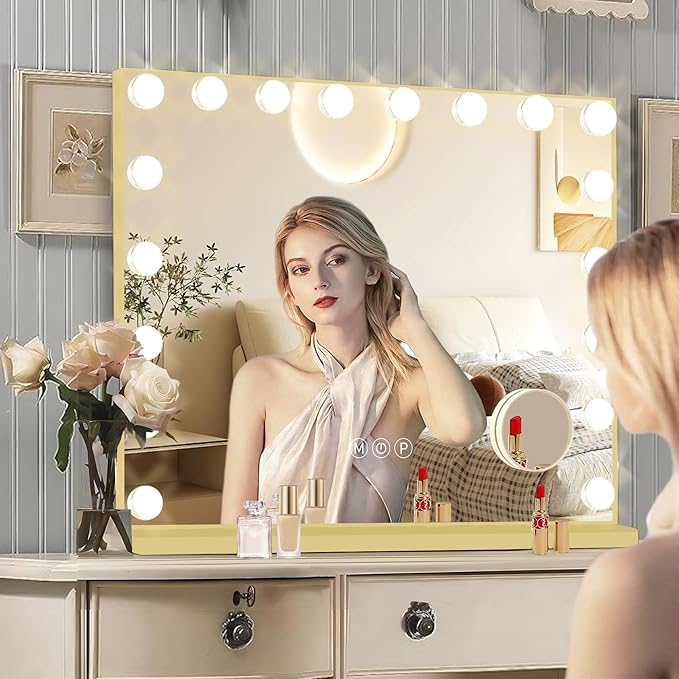 Gold Hollywood Vanity Mirror with Lights, 18 Dimmable Bulbs, 3 Color Lights,Make Up Lighted Mirror, Aluminum Metal Frame, USB Charging Port（32" x 24"）