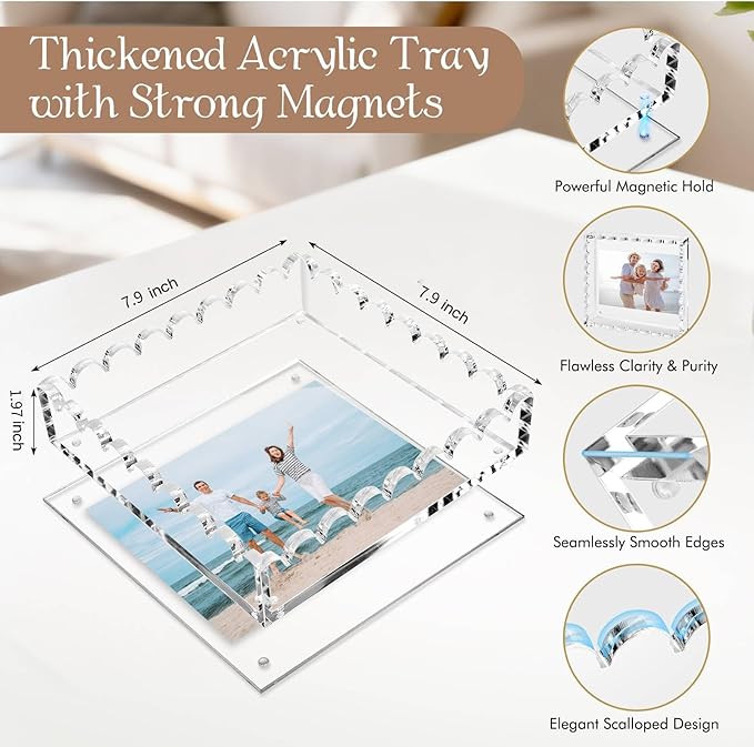 Acrylic Tray with Ultra-Strong Magnetic Mat- 7.9×7.9 Customizable Serving & Display Tray, Clear Scalloped Vanity Jewelry Organizer, Picture Frame Bathroom Tray Decor, Unique Gift for Women Girls