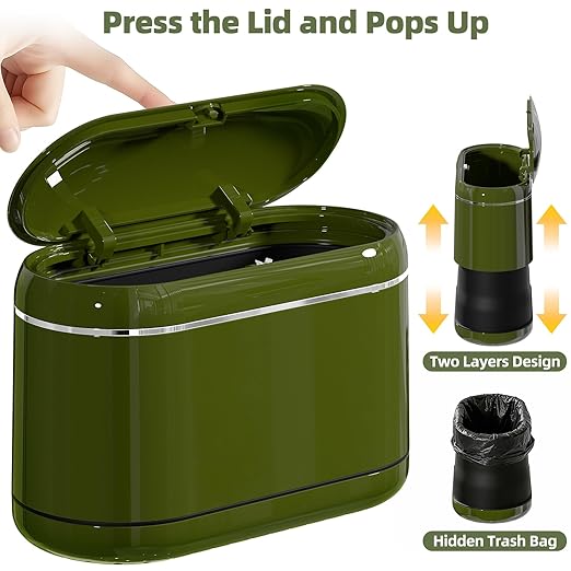 Mini Trash Can for Desk with 5 Rolls of Trash Bags, Small Press-Top Countertop Garbage Bin, Removable Waste Basket for Bedroom, Vanity, Coffee Table, Kitchen (Green Full-Lid)