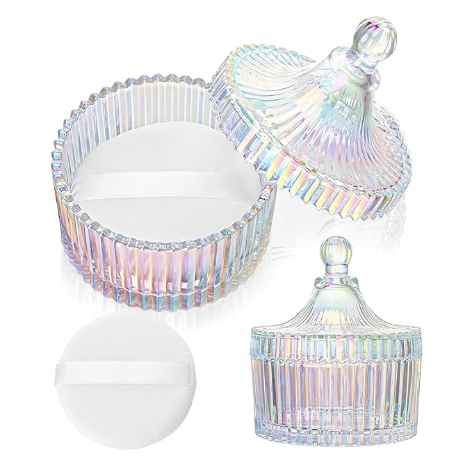 2 Piece Dusting Powder Container with Puff - Large Body Powder Puff and Container, Crystal Glass Powder Container with Puff Soft Velour Washable Reusable Face & Body Use (Dazzling)