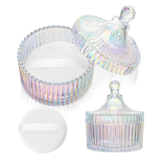 2 Piece Dusting Powder Container with Puff - Large Body Powder Puff and Container, Crystal Glass Powder Container with Puff Soft Velour Washable Reusable Face & Body Use (Dazzling)
