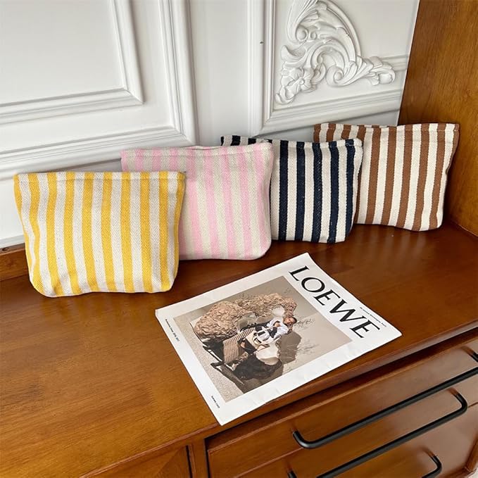 PAZIMIIK Makeup Bag Large Cotton Zipper Pouch for Purse Travel Canvas Make Up Organizer for Women Cosmetic,Stripe Black White