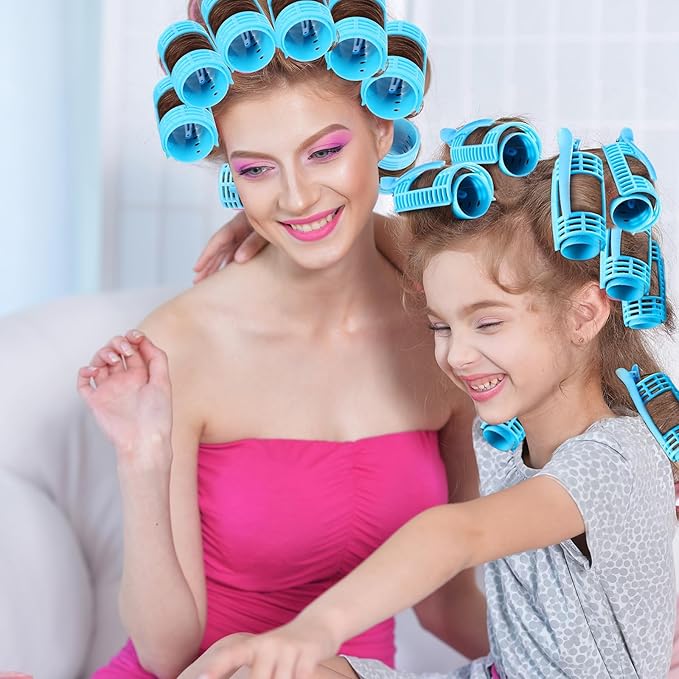 WILLBOND 65 Pieces Magnetic Hair Rollers Set Plastic Rollers Curlers with Clips 4 Sizes for Long Medium Short Hair, Duck Clips Hairnet Hairdressing Styling Tool(Blue)
