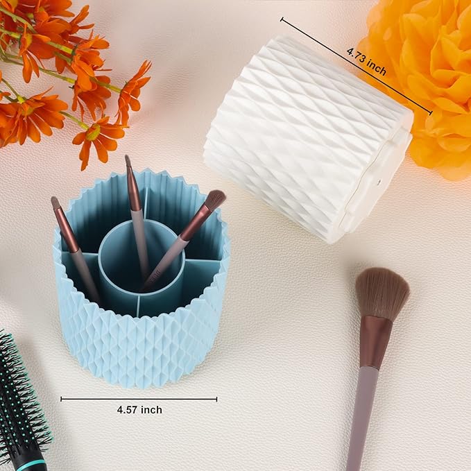 Makeup Brush Holder Organizer - 360° Rotating, 5-Slot Brush Cup for Cosmetics, Lipsticks, Pens | Vanity & Desk Organizer (Light Blue)