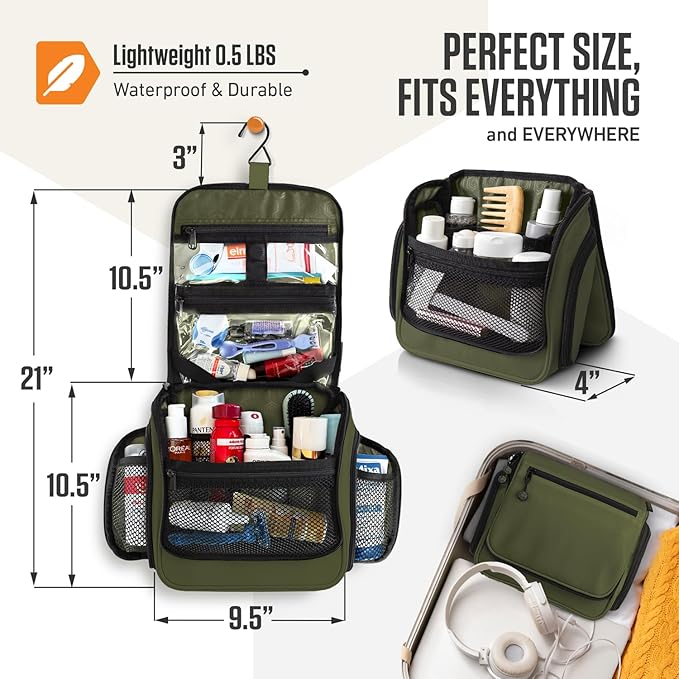 VENTURE 4TH Hanging Travel Toiletry Bag for Women & Men – Large Toiletry Organizer with 18 Compartments, Removable TSA Pouch, Travel Wash Bag for Toiletries, Makeup & Shaving Kit (Forest Green)