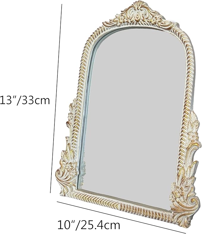 Baroque White Vintage Vanity Mirror 13x10 Inch, Wall-Mounted & Tabletop Dual-Use, Ornate Gold Accent Retro Decorative Mirror for Bedroom Dresser, Bathroom, Living Room and Dorm