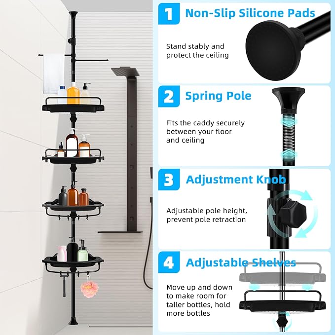 32-122inch Corner Shower Caddy Tension Pole with Shower Curtain, Rustproof Drill-Free Adjustable Shower Shelves for Bathroom Bathtub Washbasin, with 4 Tier Patent Stable Shelves & Towel Bars