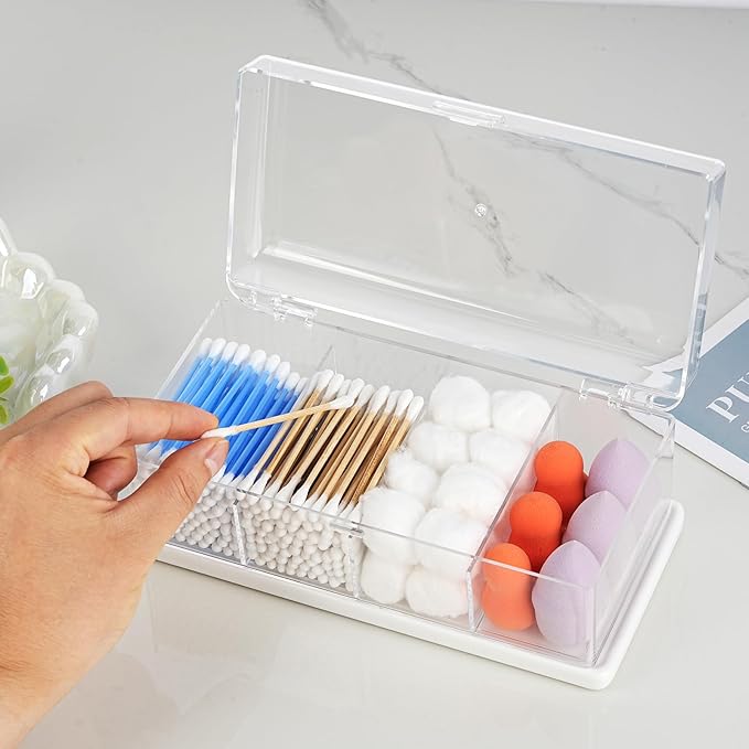 Clear Acrylic Qtip Holder Dispenser with Lid, 4-Compartment Cotton Ball Holder for Cotton Pads, Q-Tips, Makeup Sponges, Transparent athroom Canisters for Bathroom, Bedroom, or Vanity Countertop