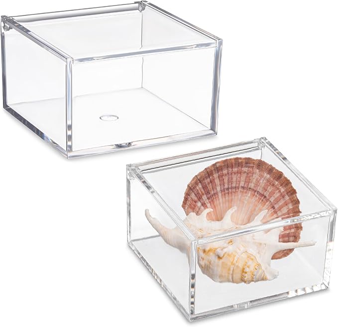 Hammont Clear Acrylic Box with Hinged Lid – Small Plastic Organizer for Office, Desk, Makeup, Crafts, Cotton Balls, Jewelry & More | SECTIONAL: 4"x4"x2.5" (2 Pack)