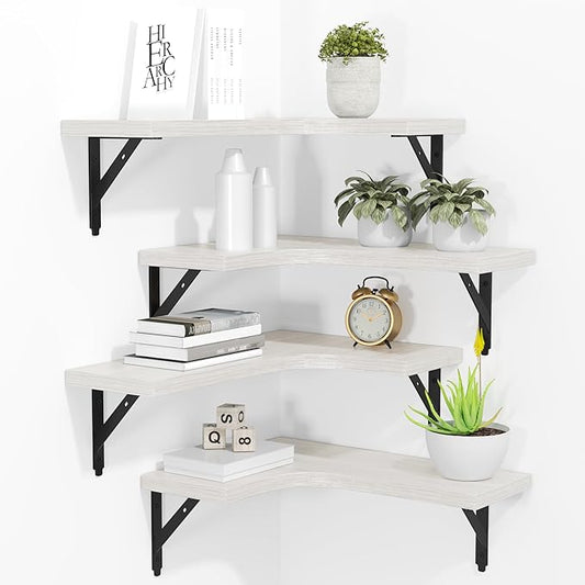 ROMGUAR CRAFT Corner Floating Shelves Wall Mounted Set of 4, Rustic Wood Storage Display Shelves for Home Decor, Bathroom, Kitchen, Bedroom, Living Room, Office (White)