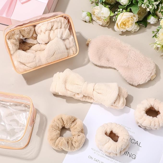 Hoteam 10 Pcs Galentine Spa Party Supplies Valentine Gift Set Sleepover Party Favor Spa Headband Wristband Sleep Eye Mask Velvet Scrunchies for Skin Care Makeup Slumber Night Favor(Khaki)