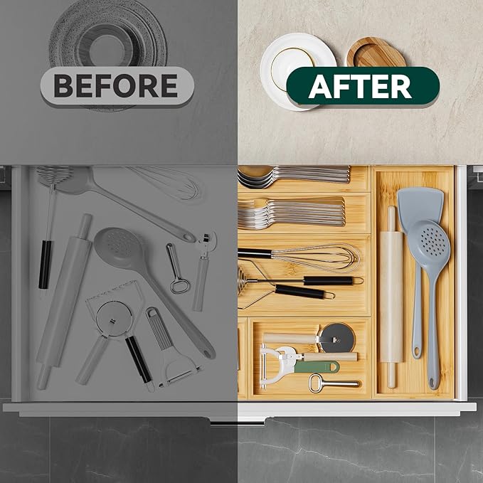 Lixple Bamboo Drawer Organizer for Kitchen & Bath, Extra Large Stackable Tray for Silverware, Toiletries & Utensils, 2 Pcs, 17" x 6" x 2" (Outer), 16.3" x 5.3" x 1.77" (Inner)